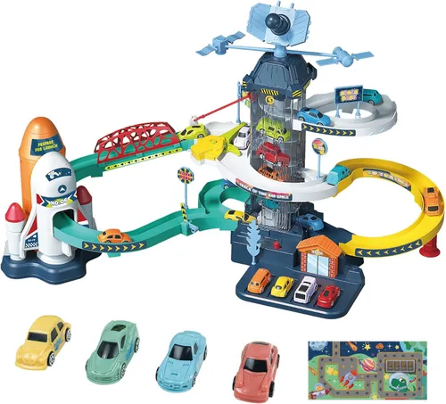 Vista 8 de RedCrab Juego de autos espaciales para niños, juguete de pista de rampa de juguete sinuoso, juguete de colina de dinosaurios espaciales, juguetes