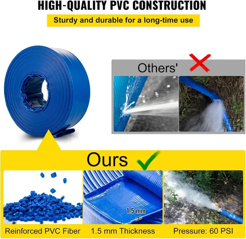 Vista 3 de VEVOR Manguera de descarga, 1-1/2 pulgadas x 100 pies, manguera plana de tela de PVC, manguera de drenaje resistente con abrazaderas, resistente a