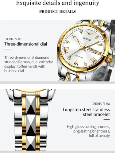 Vista 5 de OLEVS Reloj de pulsera mecánico de cuerda automática para mujer, de marca suiza, vestido de cristal de zafiro, impermeable, para mujer