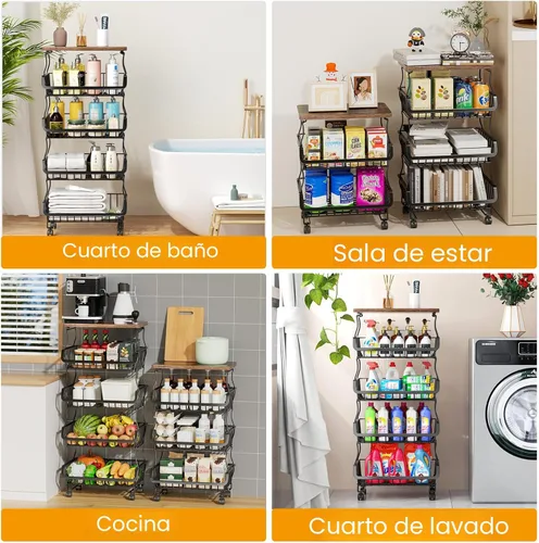 Vista 7 de Gsiekare Cesta de frutas y verduras para cocina, cestas de almacenamiento de 4 niveles apilables con ruedas, cestas organizadoras de almacenamiento