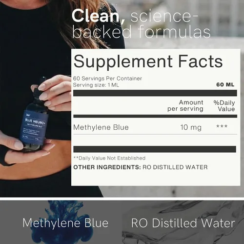 Vista 6 de ZAB Suplemento de gotas azul de metileno grado USP 1% para humanos, grado farmacéutico azul metileno 10 mg por porción, para memoria, enfoque