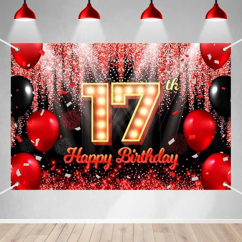 Vista 17 de Telón de Fondo Banner de Feliz 10º Cumpleaños Tema Negro y Rojo con Fondo de Neón Brillante y Moda para Fiesta de Cumpleaños Fotografía Accesorio