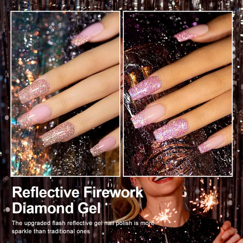 Vista 5 de RARJSM Juego de esmaltes de uñas de gel con purpurina reflectante, 6 colores brillantes plateados, champán, dorado, rosa, naranja, negro, rojo