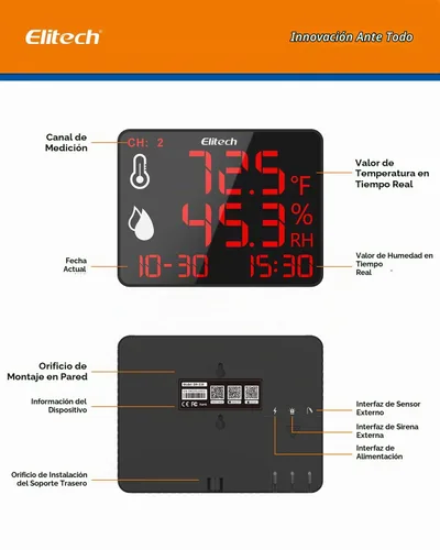 Vista 8 de Elitech Termómetro higrómetro Bluetooth reutilizable registrador de datos con pantalla grande de almacenamiento de datos, DR-230-THDE con doble