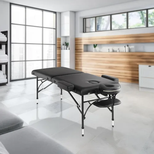 Vista 7 de Saloniture Mesa de masaje profesional portátil y ligera con patas de aluminio, incluye reposacabezas, soporte facial, reposabrazos y funda