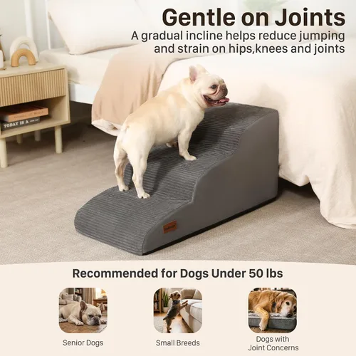 Vista 4 de Aodisman Escaleras de perro de 3 escalones para perros pequeños, escaleras Pana gris