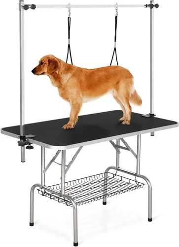 Vista 18 de Mesa profesional de aseo para perros y mascotas, ajustable, resistente, portátil, con brazo y lazo y bandeja de malla (gris, 36 pulgadas)
