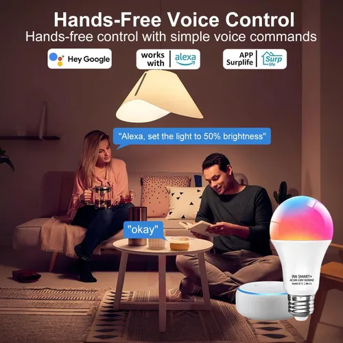 Vista 3 de luckystyle Bombillas inteligentes, 9 W, A19, E26, 800 lúmenes, WiFi, Bluetooth, bombillas LED compatibles con Alexa, Google Assistant y Home, 16
