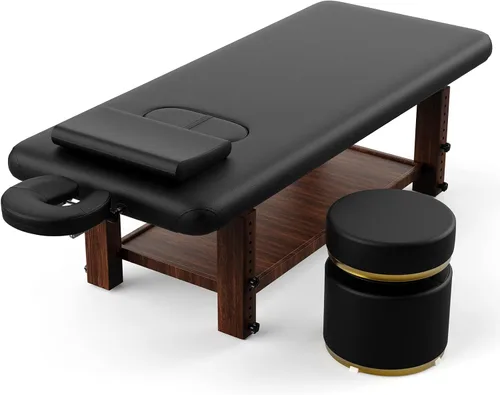 Vista 10 de Mesa de masaje estacionaria con marco de madera resistente con patas de altura ajustable, respaldo, para tratamiento, terapia física, cama de masaje
