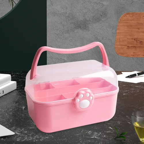 Vista 2 de JISADER Caja de costura portátil multiusos con asa, organizador de manualidades con cerradura para suministros de arte, aretes de costura, color rosa