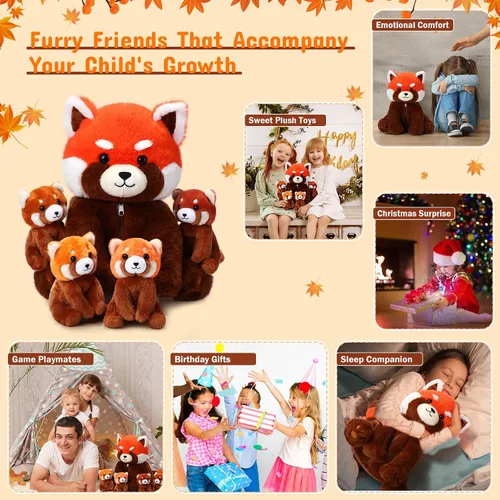 Vista 6 de Syhood - 5 piezas de peluche de panda rojo nutritivo con 4 juguetes de peluche lindos para bebés, regalos interactivos para niños, jardín