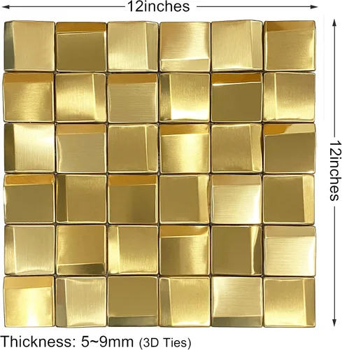 Vista 3 de Paneles de pared 3D, azulejos de mosaico de metal dorado de 2 x 2 pulgadas, decoración de pared dorada [5 hojas]