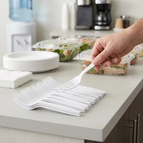 Vista 7 de Tenedores de plástico blanco, 500 unidades, tenedores desechables extrapesados, cubiertos de plástico a granel sin BPA para fiestas, bodas, catering