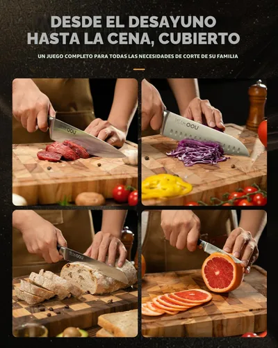 Vista 8 de OOU Juego de cuchillos de cocina 2025 con bloque, juego de cuchillos de acero inoxidable alemán de 15 piezas con varilla de afilar, mango de madera
