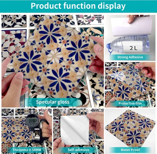 Vista 5 de Alwayspon Adhesivo para azulejos de pared moriscos para despegar y pegar, calcomanías de vinilo autoadhesivas para azulejos de cocina y baño, 4 x 4