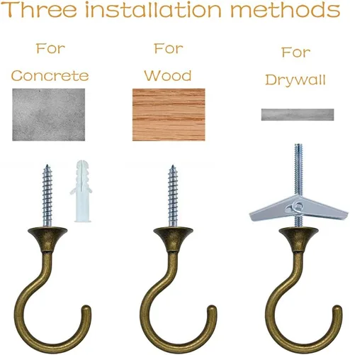 Vista 4 de Ganchos de techo para plantas colgantes (2 juegos, latón antiguo) Zinc alloy with iron core; 30 lb on wood, 25 lb on drywall; screws, bolts and
