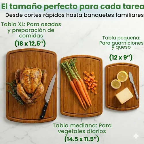 Vista 3 de Juego de 3 tablas de cortar de bambú de lujo con tecnología de resistencia de grano vertical carbonizada, tablas de cortar de madera extra grandes
