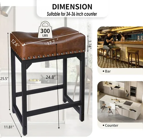 Vista 3 de Juego de 2 taburetes de bar, Taburetes de bar de altura de mostrador para encimera de cocina, Taburetes de bar de 24 pulgadas de tipo sillín