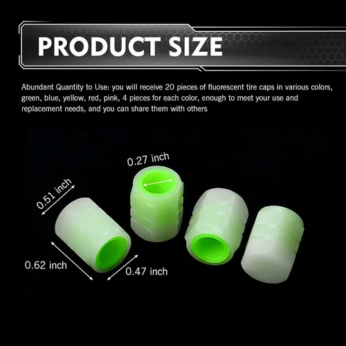 Vista 2 de 20 tapones fluorescentes para válvulas de neumáticos, tapas de válvula de neumáticos brillantes, cubiertas luminosas para válvulas de ruedas
