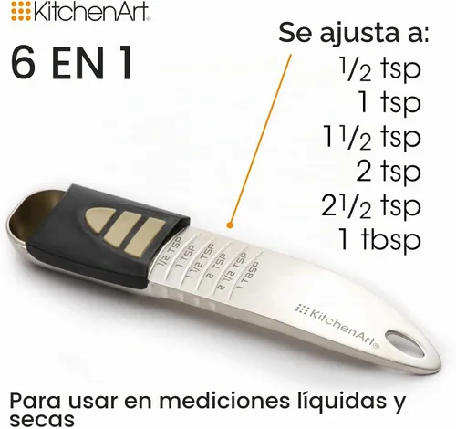 Vista 4 de KitchenArt Cucharada de la serie profesional, cuchara medidora de satén champán, ajustable de 1/2 cucharadita a 1 cucharada, blanco y negro