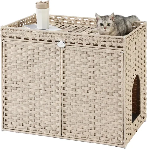 Vista 8 de SETVSON Muebles de caja de arena para gatos, caja de arena oculta, armario de arena para gatos con 2 alfombrillas de arena, casa de gato tejida a
