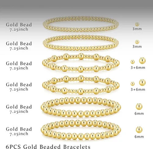 Vista 2 de Pulseras de oro para mujer, chapado en oro de 14 quilates, apilables, juego de pulseras elásticas de cuentas de oro, joyería de oro para mujer