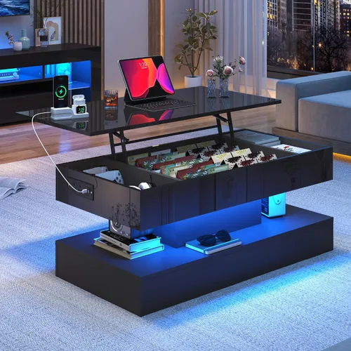 Vista 3 de 39.4" Mesa de café grande con tapa elevable, modernas mesas de café LED de alto brillo para sala de estar con almacenamiento, mesas de salón negras