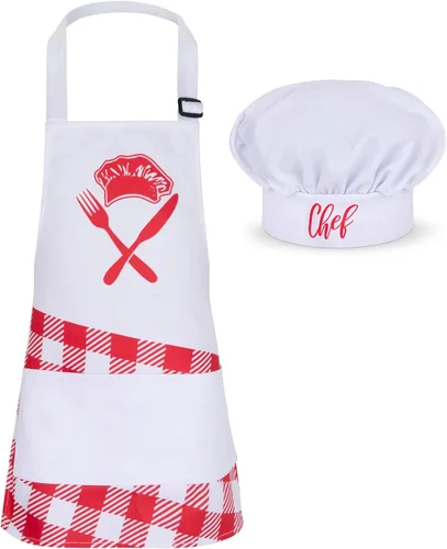 Vista 3 de Dress Up America Juego de delantal para niños, sombrero de chef y delantal para cocinar y hornear, disfraz de chef
