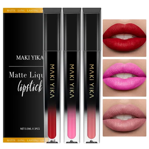 Vista 40 de MAKI YIKA Juego de 3 lápices labiales líquidos mate, color negro y rojo Negro/Rojo Oscuro/Desnudo