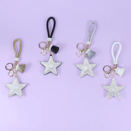 Vista 7 de Llavero para mujer con diamantes de imitación con purpurina, bonitos llaveros de estrella para niñas, bolso de cuero, llaveros de coche