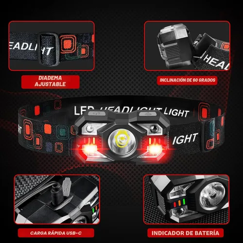 Vista 3 de Linterna Frontal Recargable Paquete de 2, 3000 Lúmenes Linterna Frontal Ultraligera Brillante con Luz Blanca y Roja, Faro LED con Sensor