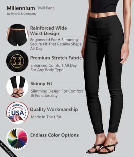 Vista 5 de Hybrid & Company Pantalón súper cómodo elástico con cintura elástica completa, estilo pull-on, de sarga Millennium Negro