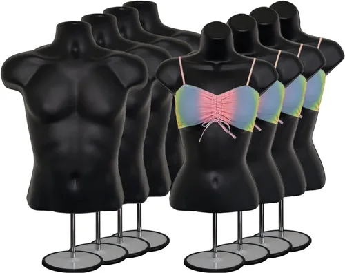 Vista 32 de Maniquí de torso masculino y femenino con soporte de metal, cuerpo con respaldo hueco, apilable, forma de vestido para exhibición de camisetas Negro