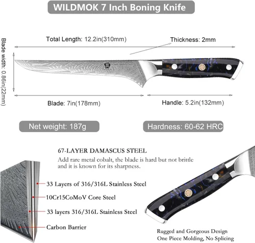 Vista 2 de WILDMOK Cuchillo deshuesador japonés de Damasco de 7 pulgadas, grado profesional, mango de espiga completa de resina