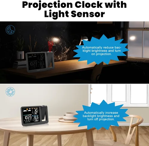 Vista 5 de uzoli Reloj Despertador de Proyección Estación Meteorológica, Reloj Proyector Atómico WWVB con Sensor, Retroiluminación Ajustable, Temperatura
