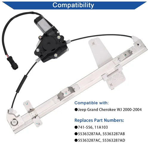 Vista 2 de Obaee 741-556 Conjunto de motor y regulador de elevalunas eléctrico delantero izquierdo del lado del conductor compatible con Jeep Grand Cherokee WJ