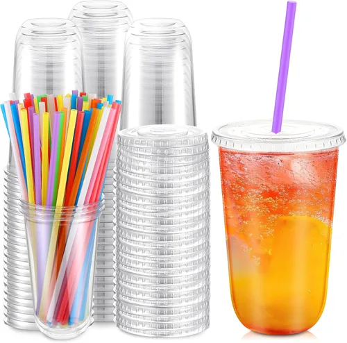 Vista 10 de Ziliny - Paquete de 50 vasos de plástico de 12 onzas con tapas, pajitas