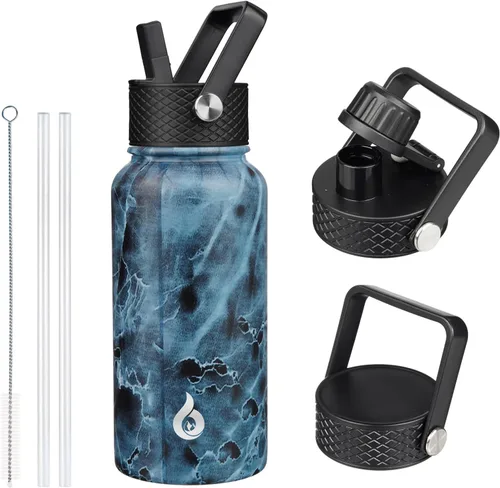 Vista 49 de BJPKPK Botellas de Agua Aisladas con Tapa de Pajita, Botella de Agua de Acero Inoxidable de 18oz, Termo Frío Caliente con 3 Tapas, Vaso de Viaje a