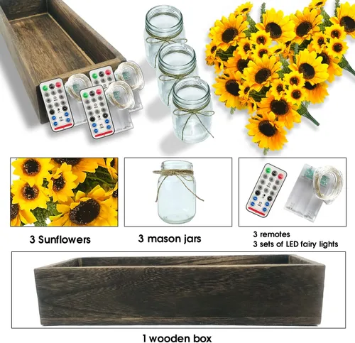 Vista 3 de SietDESEO Centro de mesa de madera con flores artificiales de girasol grande, decoración rústica de mesa para comedor, cocina, boda, decoración