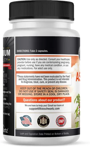 Vista 3 de BioSchwartz Ashwagandha Supplements - Cápsulas de Ashwagandha extra fuertes de 500 mg por porción, sin gluten, sin OMG, fabricadas en los Estados