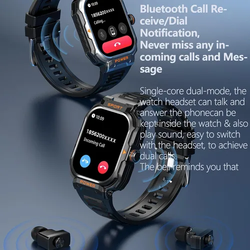 Vista 4 de Reloj inteligente militar con auriculares para hombres y mujeres, pantalla táctica de 2 pulgadas, modos deportivos, rastreador de fitness