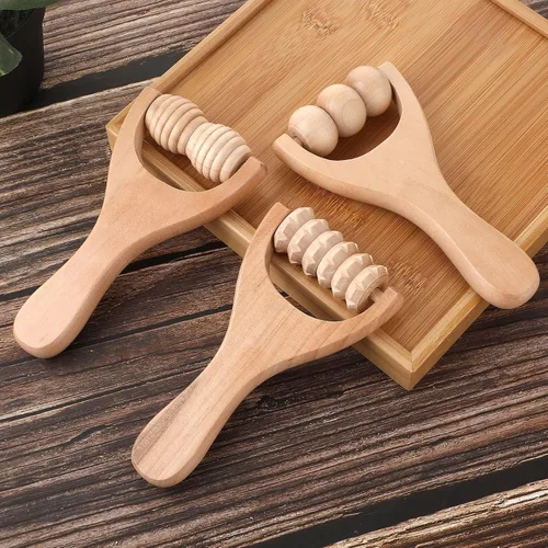 Vista 6 de Abeillo Rodillo de masaje de mano de madera, 3 piezas, rodillo muscular, herramientas de masaje manual de terapia de madera, rodillo masajeador