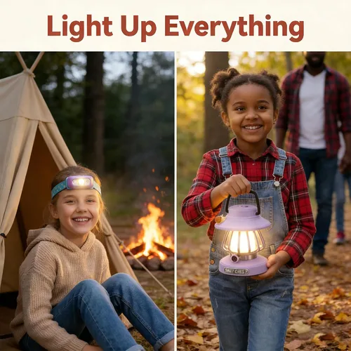 Vista 9 de Juego de luces de campamento para niños, linterna recargable y linterna frontal con sensor de movimiento con carga USB-C, luz nocturna regulable