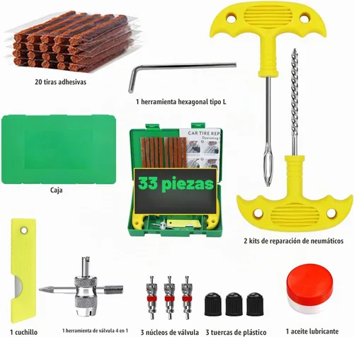Vista 2 de Kit de reparación de neumáticos, 33 piezas, kit de enchufes de neumáticos resistentes, herramientas universales de reparación de neumáticos