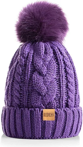 Vista 33 de Redess Gorro de invierno con pompón y forro polar cálido, grueso y holgado, tejido, para la nieve, para esquiar, para mujer Beige