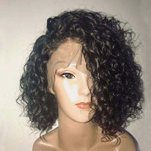 Vista 2 de Peluca de cabello corto y rizado con encaje frontal, corte Pixie con cabello de bebé, cabello humano Remy, peluca de encaje con ondas de agua