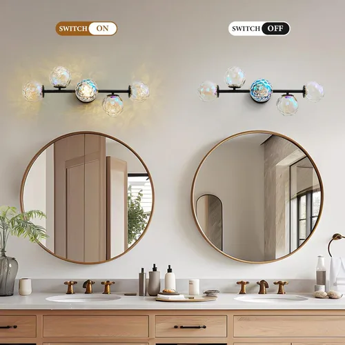 Vista 5 de Luz LED negra para tocador de baño: 5 luces de vidrio martillado colorido globo de luz - Luces de pared únicas de mediados de siglo modernas