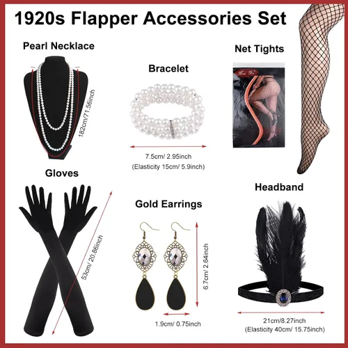 Vista 3 de PLULON Vestidos de los años 20 para mujer, vestidos de cóctel Gatsby con flecos de lentejuelas con juego de accesorios de los años 20, disfraces