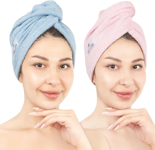 Vista 21 de American Soft Linen Toallas de pelo 100 % algodón para mujer, gorro de toalla de pelo, turbante de algodón para cabello largo y rizado Beige
