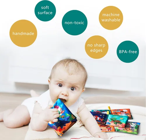 Vista 5 de Libros de tela suave para bebés, paquete de 4 unidades, alimentos y vida marina, animales y profesiones, juguetes para bebés, regalo de aprendizaje